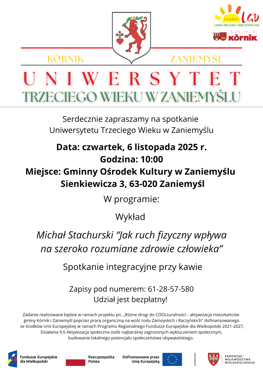 plakat zapraszający na uniwersytet III wieku 6 listopada 2025 roku