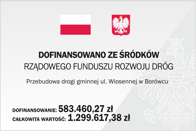 Tablica informacyjna - Dofinansowanie przebudowy ul. Wiosennej w Borówcu